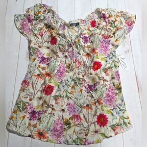 Cure Floral Cap-Sleeve Peasant Blouse Romantic Garden Print Small New With Tags